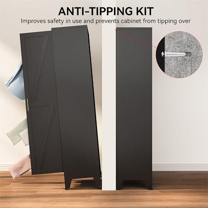 COFaR Black Metal Wardrobe Closet, Reversible 2-Section Design with Hanging Rod & Adjustable Shelves, 71" Freestanding Armoire Cabinet with Top Storage Space