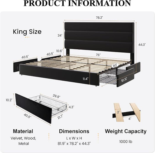 SHA CERLIN King Size Platform Bed Frame with 4 Storage Drawers, Velvet Upholstered Headboard, Mattress Foundation with Wooden Slats Support, No Box Spring Needed, Easy Assembly, Black