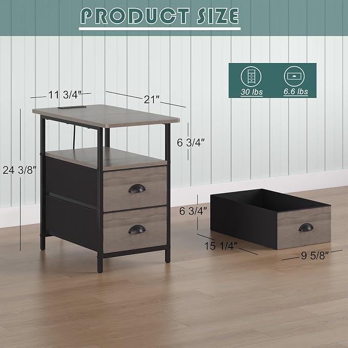 sthmec End Table with Charging Station, Narrow Side Table with 2 Drawers, Nightstands with Drawers, USB Ports & Power Oulets,Slim Sofa Side Tables for Small Spaces,Living Room,Bedroom, Grey