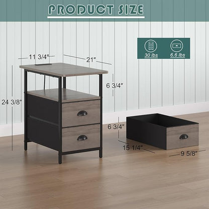 sthmec End Table with Charging Station, Narrow Side Table with 2 Drawers, Nightstands with Drawers, USB Ports & Power Oulets,Slim Sofa Side Tables for Small Spaces,Living Room,Bedroom, Grey