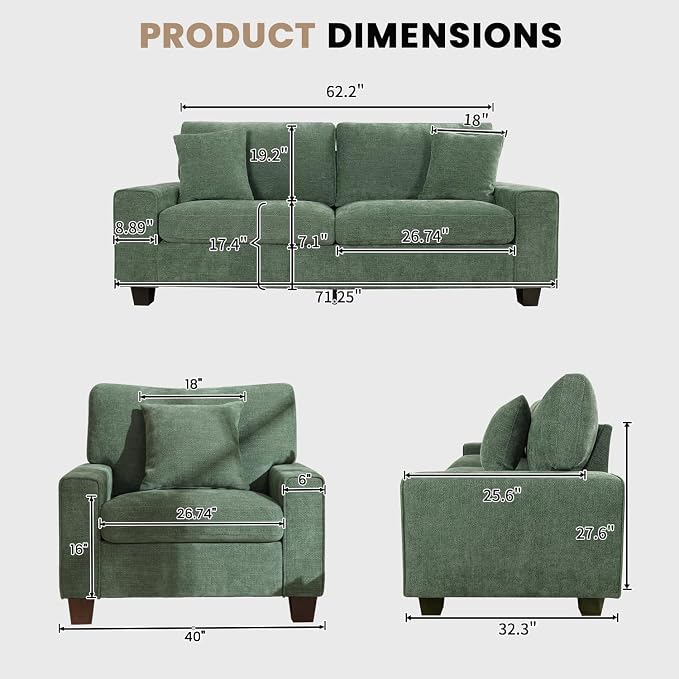 DOPEDIO Modern Living Room Sofa Set, 71.25" Chenille Loveseat with 2 Accent Chairs, Removable Covers, Spring Cushions, Solid Wood Frame, Easy Assembly（71.25inch+2 Single,Green）