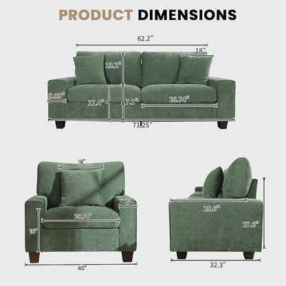 DOPEDIO Modern Living Room Sofa Set, 71.25" Chenille Loveseat with 2 Accent Chairs, Removable Covers, Spring Cushions, Solid Wood Frame, Easy Assembly（71.25inch+2 Single,Green）