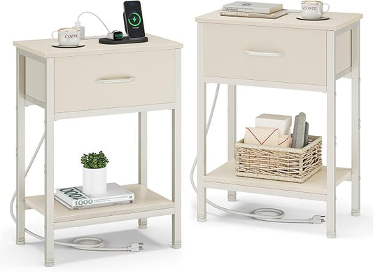 Vagusicc Nightstand Set of 2 with Charging Station, Bed Side Table with Fabric Drawer, Small End Table with 2-Tier Storage Shelves, 25.4" Tall Night Stand Bedside Table for Bedroom Living Room, Beige