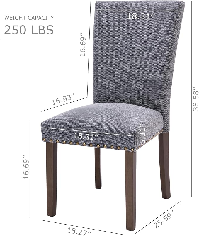 COLAMY Upholstered Parsons Dining Chairs Set of 2, Fabric Dining Room Kitchen Side Chair with Nailhead Trim and Wood Legs - Dark Grey