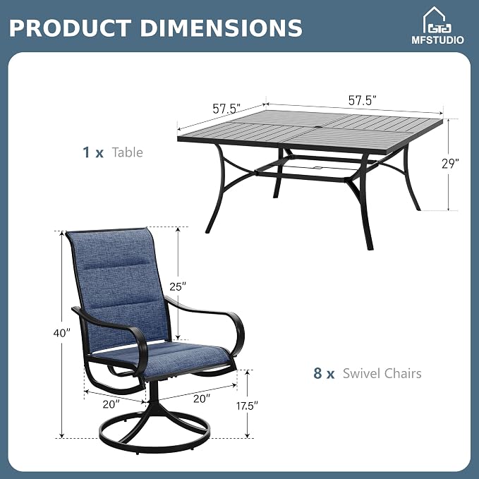 MFSTUDIO Patio Dining Set for 8, Outdoor Dining Set with Umbrella Hole, 9 Piece Outdoor Patio Furniture Set for Deck/Backyard/Poolside/Garden