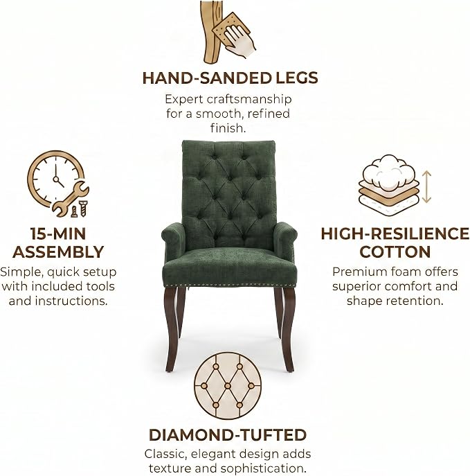 Upholstered Dining Chairs with Arms Set of 6, Olive Green, 6 Pack | Tufted Chenille Kitchen Chairs with Arms, Modern Farmhouse Armchair with Nailhead Trim for Dining Room, Home Office