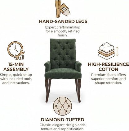 Upholstered Dining Chairs with Arms Set of 6, Olive Green, 6 Pack | Tufted Chenille Kitchen Chairs with Arms, Modern Farmhouse Armchair with Nailhead Trim for Dining Room, Home Office