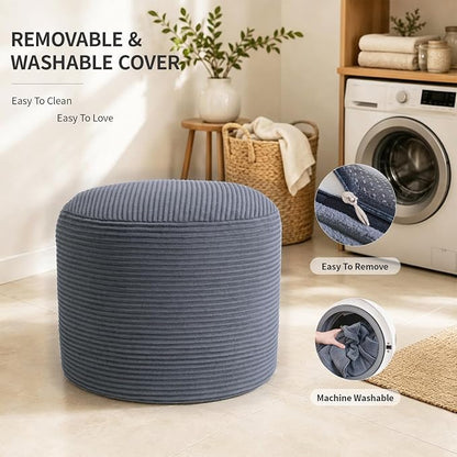 Stuffed Pouf Ottoman Foot Rest with 2.8-inch Solid Foam Base | Odorless Filling Resists Clumping, Washable Corduroy Cover, Round Foot Stool for Living Room Couch Lounging and Home Decor