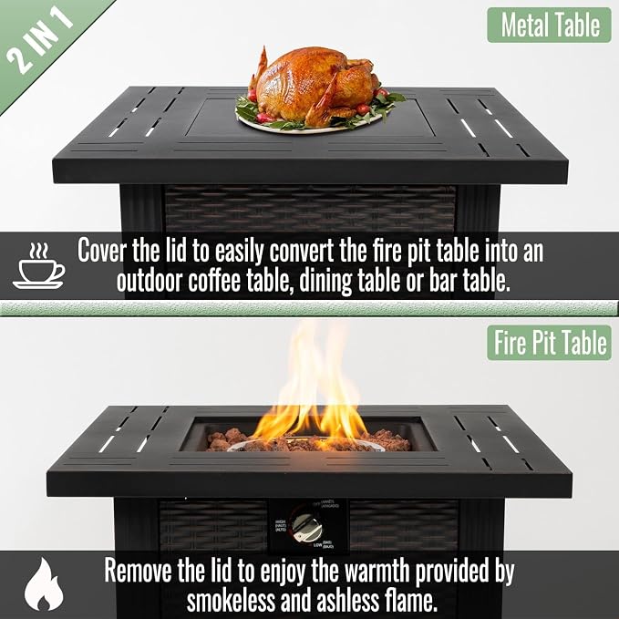 GDFStudio 28" Square Propane Gas Fire Pit Table, 50000 BTU Outdoor Steel Patio Heater with Hidden Tank Storage Lid and Cover for Backyard Deck Garden, Black