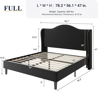 Allewie Full Size Bed Frame, Upholstered Wingback Platform with 47" Tall Tufted Headboard, Plush Velvet Fabric, Modern Minimalist Design, No Box Spring Required, Tool-Free Assembly, Black