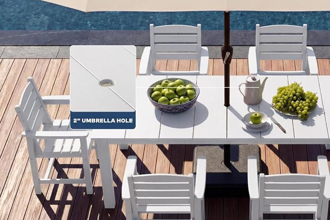 Perli™ 7-Piece Outdoor Dining Set, All-Weather HDPE Patio Furniture with 6 Ergonomic Chairs & Large Table, Built-in Umbrella Hole, UV-Resistant Set for Backyard, Deck, Poolside, White