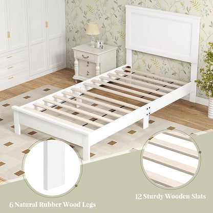 Giantex Wood Twin Bed Frames with Headboard, Mid Century Platform Bed Frame with Solid Wood Legs & Wooden Slat Support, Twin Bed Frames for Kids Adults, White Bed