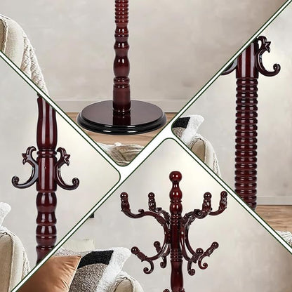 73" Wooden Coat Rack Stand,Coat Racks Freestanding With 14 Hooks And Solid Round Base Heavy Duty Adjustable Height Hall Tree Coat Rack for Entryway Hallway Foyer Office Bedroomf (Red sandalwood)