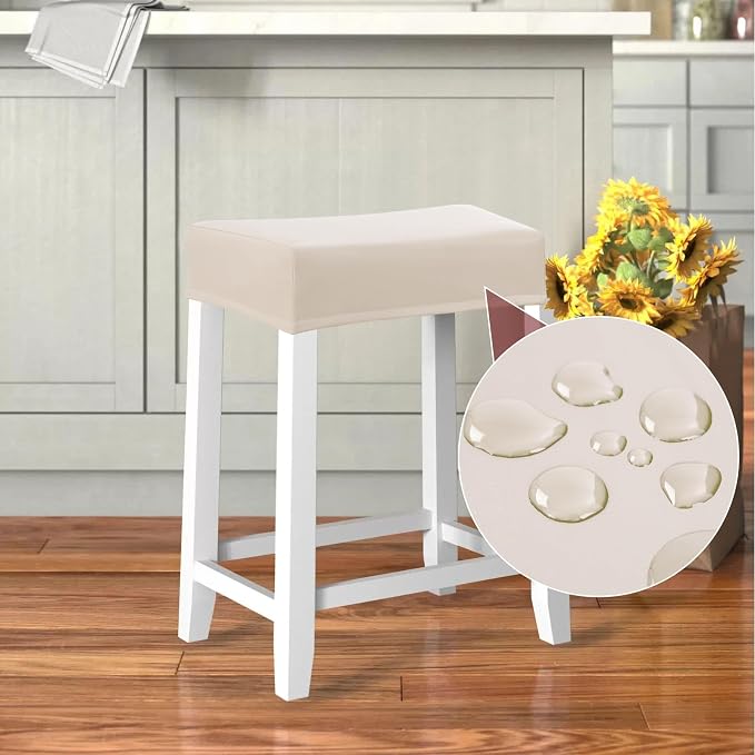 YISUN Stool Covers Rectangle - 4 Pack Stretch Waterproof Saddle Seat Cover Counter Bar Stools Bar Chairs Covers Kitchen Island Chairs Cushion Protector (4, Pu Leather-Beige)