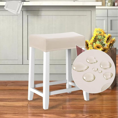 YISUN Stool Covers Rectangle - 4 Pack Stretch Waterproof Saddle Seat Cover Counter Bar Stools Bar Chairs Covers Kitchen Island Chairs Cushion Protector (4, Pu Leather-Beige)