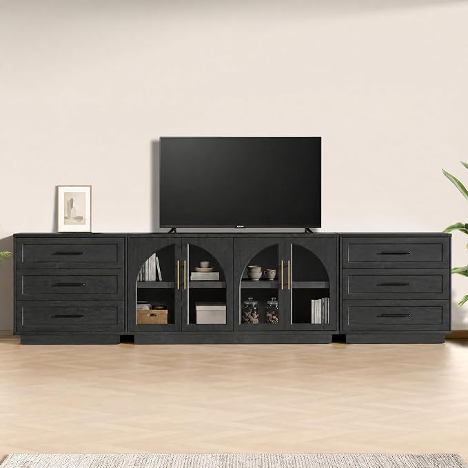 Fatmok Arden Collection 3-Piece Display Cabinet Set, 59" Arched Buffet Cabinet with Glass Doors and 3 Drawer Storage Cabinets, Adjustable Shelves and Spacious Storage for Living Room,Black Grey