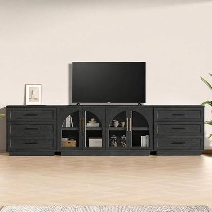 Fatmok Arden Collection 3-Piece Display Cabinet Set, 59" Arched Buffet Cabinet with Glass Doors and 3 Drawer Storage Cabinets, Adjustable Shelves and Spacious Storage for Living Room,Black Grey