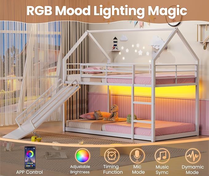 Twin Over Twin Bunk Bed with Slide 40° Gentle-Slope & LED Light, House-Shaped Low Bunk Bed Twin Size with 13.4" Extra-Tall Guardrail & Ladder, Heavy Duty, No Box Spring Needed, Easy Assembly, White