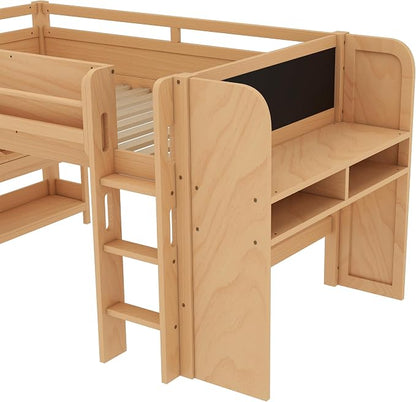 Bellemave Twin Size Low loft Bed with Desk and bookcases, Boxes and Drawers for Kids,Wood Modern Farmhouse Kids Loft Beds with Shelf, Natural