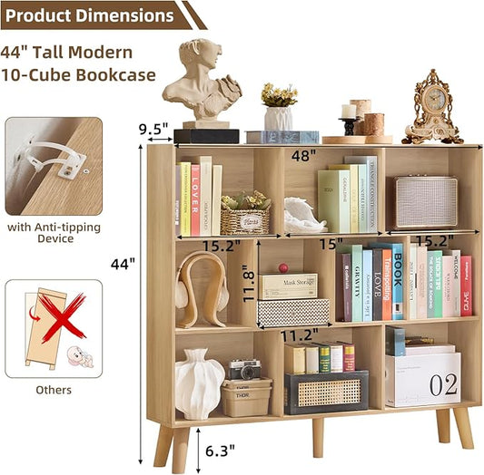 LEYAOYAO 10 Cube Bookshelf,3 Tier Modern Wide Bookcase with Legs,Mid-Century Wood Bookshelves Storage,Light Wood Large Book Case,Freestanding Organizer Display Shelf for Bedroom,Living Room,Office