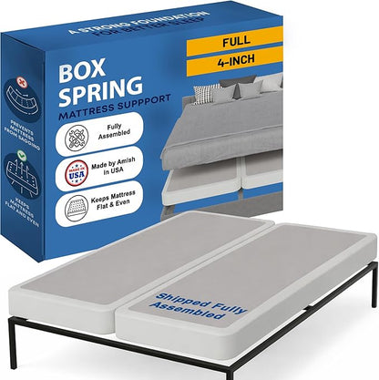 Greaton, Box Spring Bed Base Full Size, 4-Inch Wood Mattress Foundation – Amish Made in USA – Quiet Noise Free, 2-Pieces Under Mattress-Support BoxSpring, Fully Assembled, White