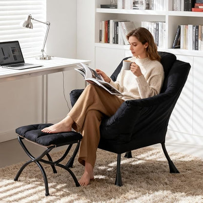 Lazy Chair with Ottoman, Modern Accent Chair Sofa Chair with Armrests, Reading Chair and Folding Footstool for Living Room, Bedroom, Office, Plush Black