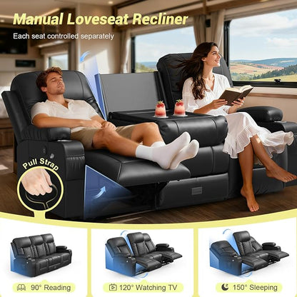 RV Loveseat Recliner Sofa, 3 Seater Reclining Sofa with Flip Back Console, Modern Reclining Couch with USB Ports, Cup Holders, Insert Pockets, RV Recliners for Travel Trailers & Living Room