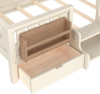 Bellemave Twin Size Kids Bed with high Rails and with Built-in Bookshelf and Drawers for Kids, Girls, Boys, Wood Montessori Bed Without Door, Beige