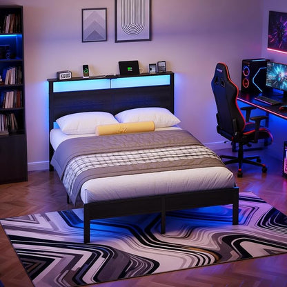 Liians Queen Size Black Metal Bed Frame with USB Type-C Charging Headboard, Smart LED Lights, Noise-Free Platform Bed, No Box Spring Needed, Easy Assembly