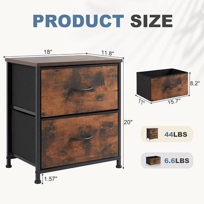 DUMOS Nightstand Small Dresser with 2 Fabric Drawers, Bedroom End Table | Kids Bedside Storage Furniture for 20 inch Tall Night Stand for Closet, Dorm, Rustic Brown
