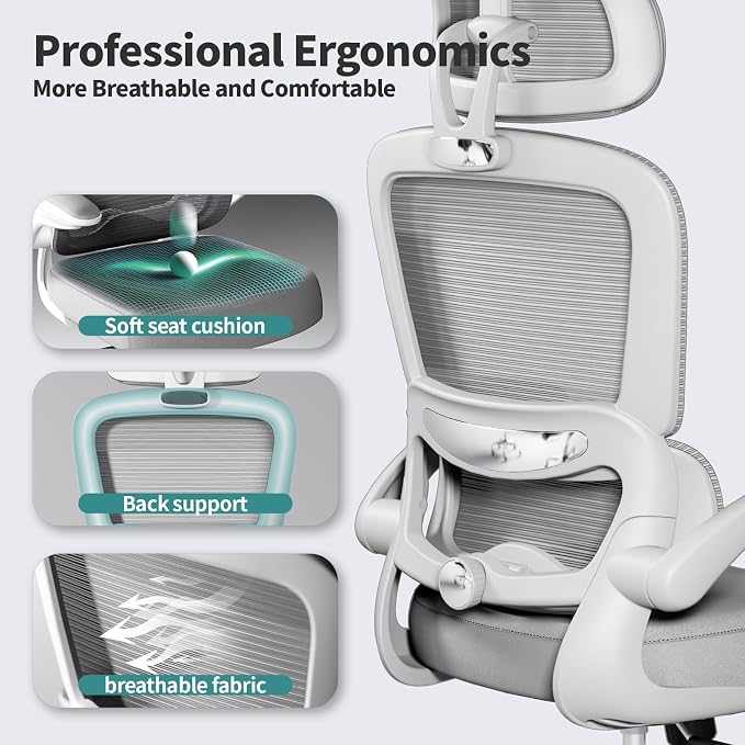 TRALT Office Chair Ergonomic Desk Chair, 330 LBS Home Mesh Office Desk Chairs with Wheels, Comfortable Gaming Chairs (1, Light Grey)