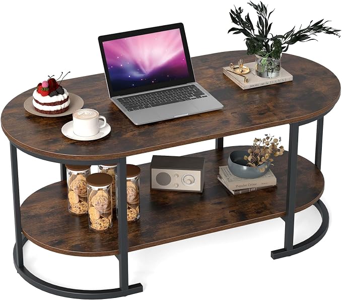 Giantex 2-Tier Coffee Table, Oval Center Table with Wood Grain Top & Open Storage Shelf, Modern Accent Table with Heavy Duty Metal Frame, Cocktail Table for Living Room Reception (Rustic Brown)