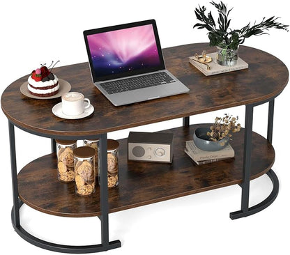 Giantex 2-Tier Coffee Table, Oval Center Table with Wood Grain Top & Open Storage Shelf, Modern Accent Table with Heavy Duty Metal Frame, Cocktail Table for Living Room Reception (Rustic Brown)