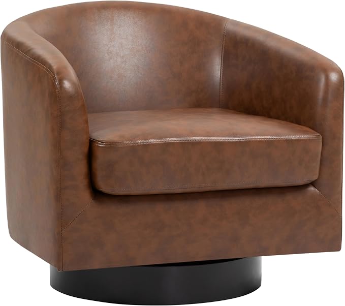 Faux Leather Swivel Barrel Accent Chairs Set of 2, Comfy Club Chair Upholstered Round Armchair for Lving Room, Coffee