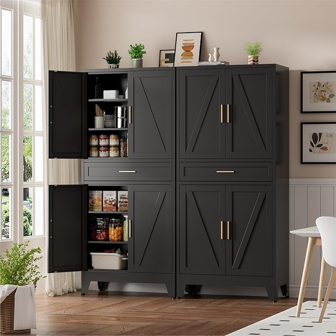 Metal Storage Cabinets with Drawer, 71" Filing Cabinet with 4 Adjustable Shelves & 4 Doors, Modern Abstract Rhombus Geometric Design File Cabinet for Home,Office,Garage,Shop,School, Black