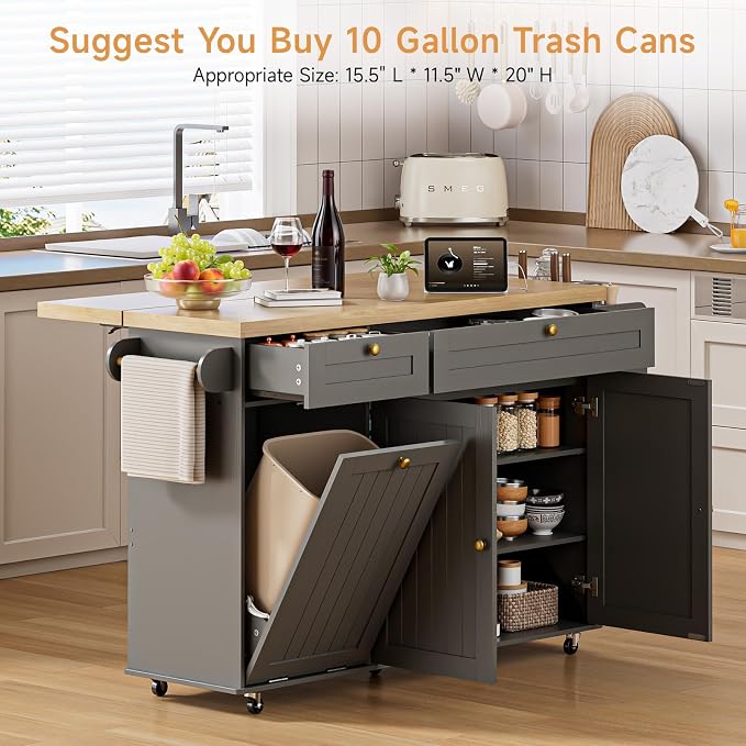 ONBRILL 60" Kitchen Island with Power Outlet & Drop Leaf, Rolling Island with Spice Rack & Towel Rack, Kitchen Island Cart with Trash Storage Cabinet, Island Table for Kitchen, Grey