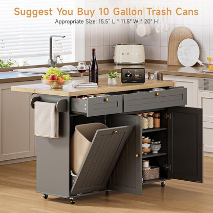ONBRILL 60" Kitchen Island with Power Outlet & Drop Leaf, Rolling Island with Spice Rack & Towel Rack, Kitchen Island Cart with Trash Storage Cabinet, Island Table for Kitchen, Grey