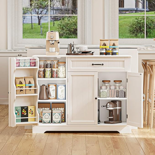 Gizoon Kitchen Coffee Bar Cabinet with Storage Kitchen Sideboard Buffet Cabinet with Drawers, Short Pantry with Door and Shelves for Bathroom and Living Room, White, Painted