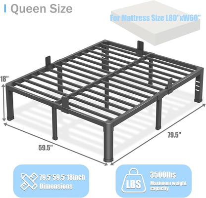 18 inch Queen Bed Frame with Round Corner Legs and Headboard Hole Mattress Slide Stopper 3500 lbs Heavy Duty Metal Platform,Steel Slats Support,No Box Spring Needed,Easy Assembly,Noise Free