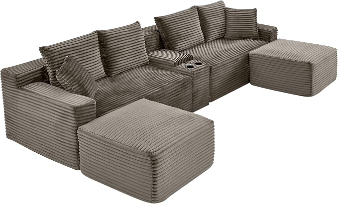 127" U-Shaped Cloud Sectional Couch Oversized Modular Compressed Boneless Sectional Sofa with Ottoman Chaise Lounges & Console, Plush Corduroy Boneless Symmetrical Sofa