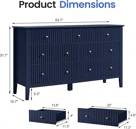 RoyalCraft 7 Drawer Dresser for Bedroom, 53" Wide Modern Wooden Chest of Drawers with Metal Handles, Painted Surface, Sturdy and Stable Storage Cabinet for Living Room, Blue