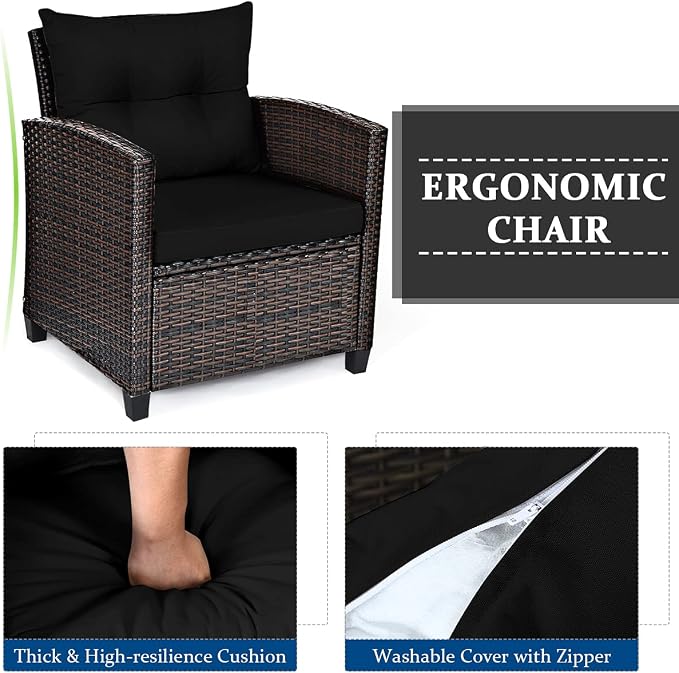 COSTWAY 3PCS Patio Furniture Set, PE Rattan Wicker Sofa w/Washable Cushion and Coffee Table, Tempered Glass Tabletop, Outdoor Conversation Set for Balcony, Porch, Yard, Backyard, Lawn, Black