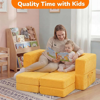 MeMoreCool Modular Kids Couch, Corduroy Play Toddler Couch for Bedroom Playroom Furniture, Convertible Foam Kids Sofa Bed, Fold Out Baby Sofa for Girl Boy, Yellow