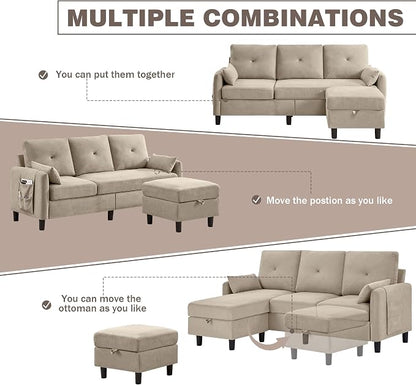 Convertible L-Shaped Sectional Sofa, 3-Seat Sofa Couches with Storage Ottoman & 2 Pillows and Side Storage Pockage, Small Modern Couch for Living Room, Apartment and Office, Beige