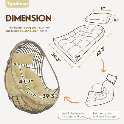 Outdoor Hanging Egg Chair Cushion Replacement, Thicken Egg Chair Cushion Waterproof Basket Eggs Chairs Cushion with Headrest Pillow, U-Shaped Cushions for Hanging Eggs Chairs Swing (Khaki)