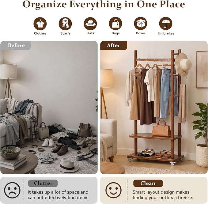 Solid Wood Coat Rack Freestanding, Coat Rack Stand with 2 Shelves & 4 Hooks, Coat Tree for Entryway, Hallway, Bedroom, Living Room, Office - Clothing Rack for Coats, Hats, Bags (Walnut-L-Wheel)