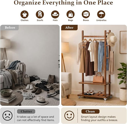 Solid Wood Coat Rack Freestanding, Coat Rack Stand with 2 Shelves & 4 Hooks, Coat Tree for Entryway, Hallway, Bedroom, Living Room, Office - Clothing Rack for Coats, Hats, Bags (Walnut-L-Wheel)