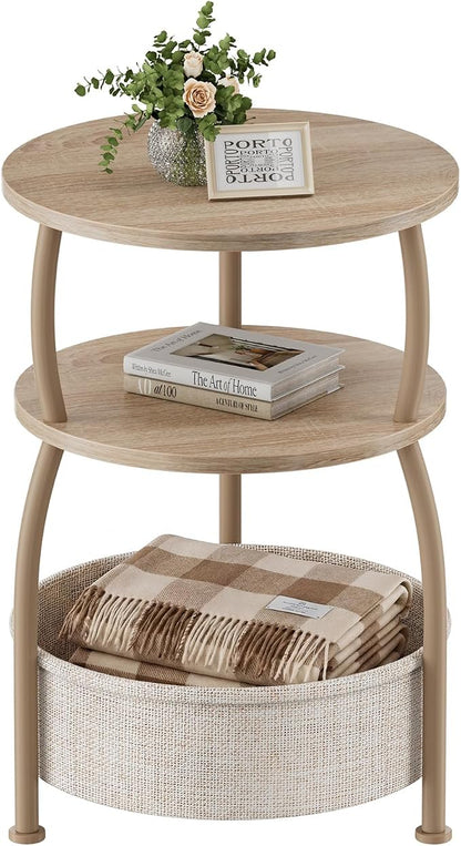 Round Side Table with Storage Basket, End Table Living Room | 3-Tier Bedside Table, Corner Table for Small Room, Bedroom, Garden, 15.75in Couch Side Table with Cat Bed, Accent Table