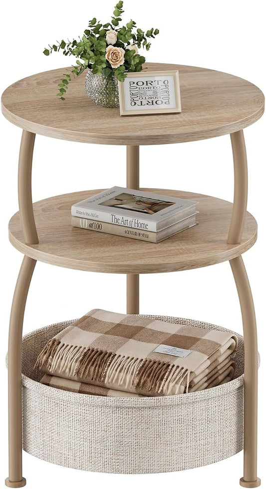 Round Side Table with Storage Basket, End Table Living Room | 3-Tier Bedside Table, Corner Table for Small Room, Bedroom, Garden, 15.75in Couch Side Table with Cat Bed, Accent Table