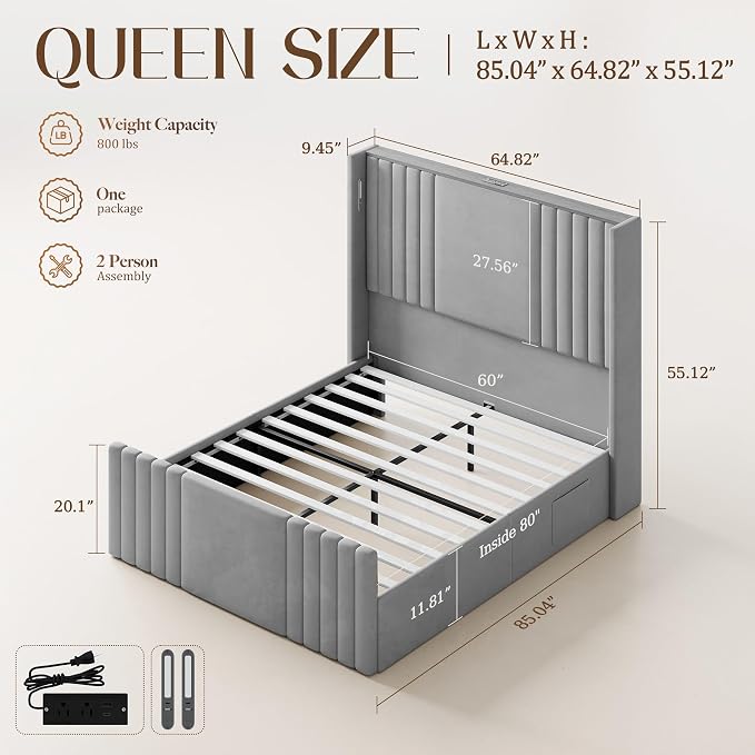 Queen Bed Frame with 55.1" Tall Headboard, Velvet Upholstered Platform Bed with Channel Tufted Wingback, 2 Reading Lights/Storage Shelf/Charging Station/Easy Assembly/Noise-Free, Grey